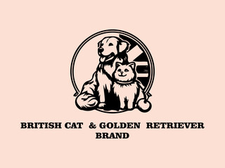 British Cat and Golden Retriever Vector Logo, Long-haired British Cat and Golden Retriever Playing Ball in the Park