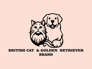 British Cat and Golden Retriever Vector Logo, Long-haired British Cat and Golden Retriever Playing Ball in the Park
