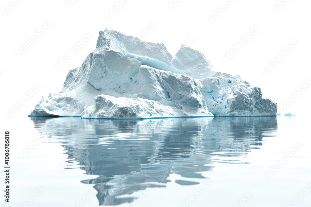 Poster iceberg floating in the middle of a calm sea, with waves gently lapping at its sides