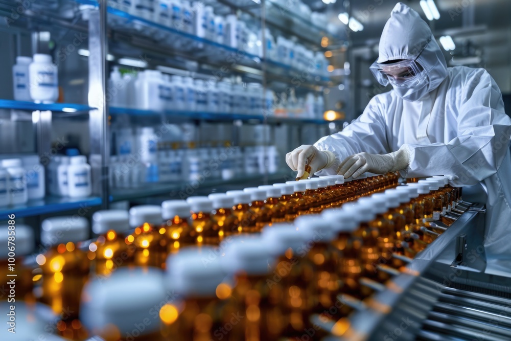 Poster a person in a white suit operating machinery on a production line