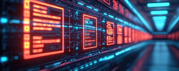 Futuristic digital interface with glowing screens and data displays.