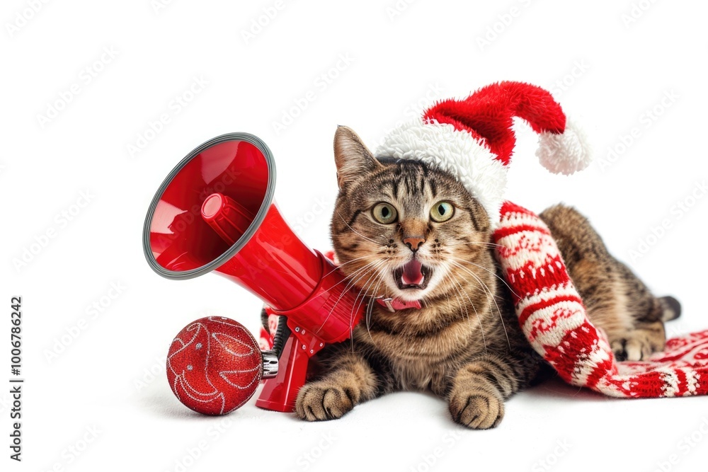 Poster A feline friend dressed as Santa, holding a microphone for festive fun