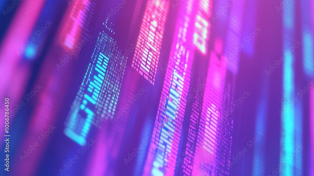 Poster futuristic marketing integration: bar code with data encryption symbols on pastel background
