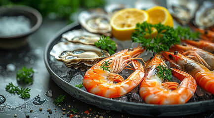 close up seafood prawns and fresh open oysters served on ice platter