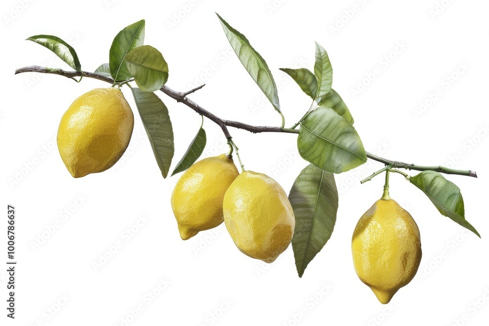 Poster a bunch of lemons hanging from a tree branch, a citrus fruit display