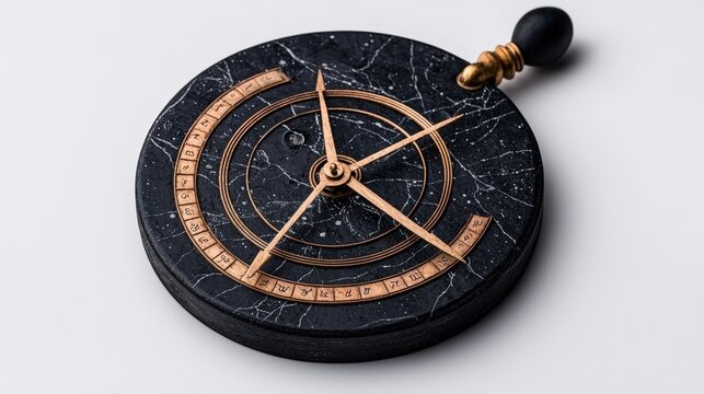 Vintage compass on a marble base for navigation and exploration, white isolate background.