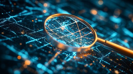 A magnifying glass over a digital network illustration, emphasizing interconnected points in glowing, detailed lines and grids.