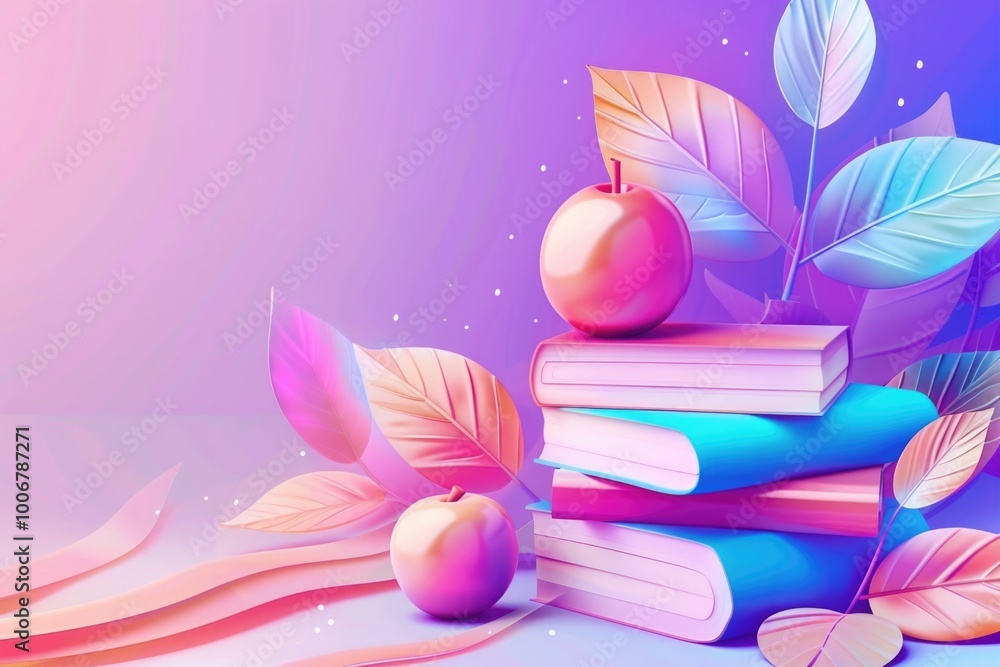 Poster A stack of books with foliage and a single apple resting on top, perfect for use in educational or literary contexts