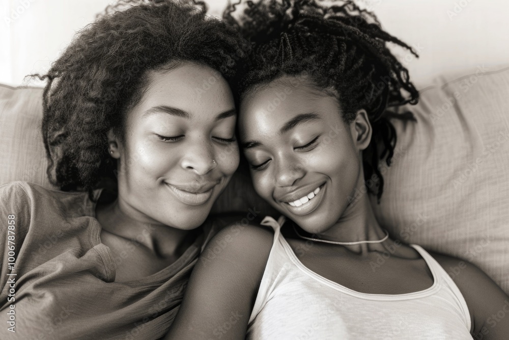 Sticker A pair of women relaxing on a bed, possibly friends or intimate partners