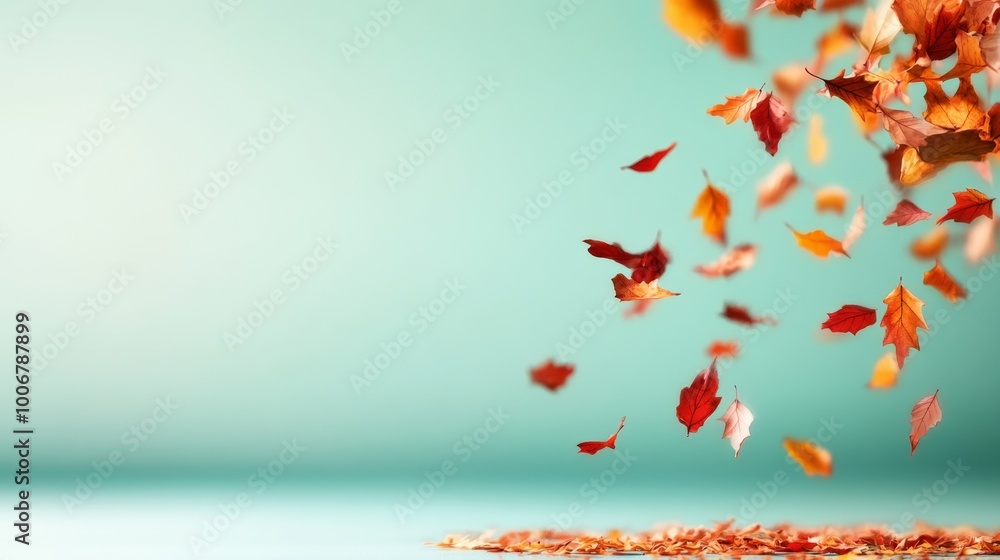 Poster a vibrant display of golden and red autumn leaves floats gently through the air, creating a dynamic 