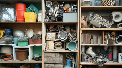 Shelves densely packed with a diverse assortment of vintage and contemporary objects, showcasing contrasting textures and colors.