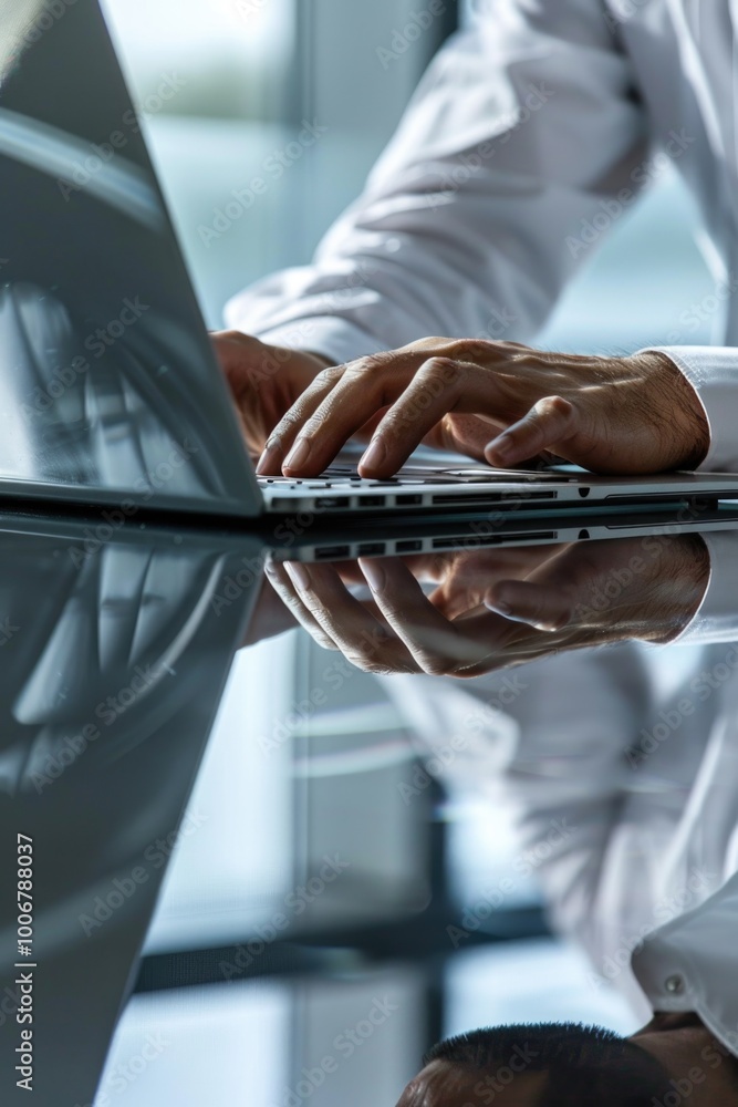 Poster a close-up of a person working on their laptop, focusing on the keyboard and screen
