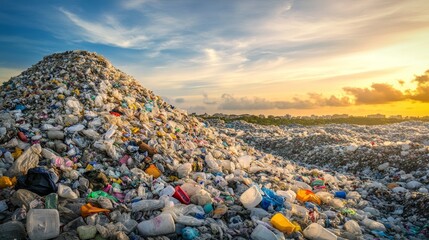 A large heap of trash in a landfill with a sunset view, symbolizing waste management and environmental issues.