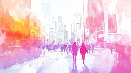 Obraz premium Urban Essence: Vibrant Ink and Watercolor Cityscape in Pastel Tones