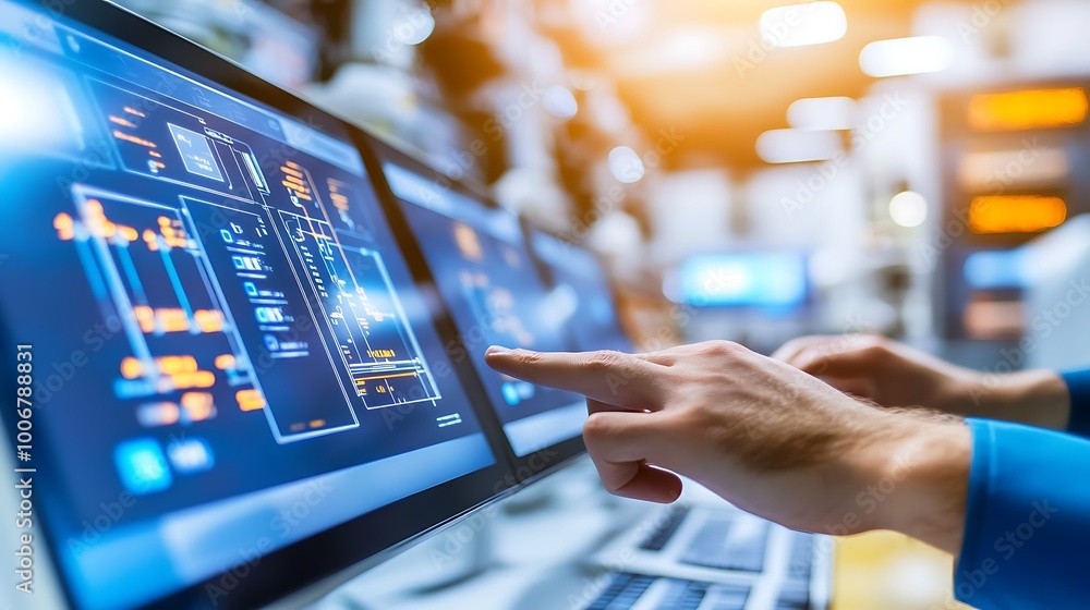 Poster engineers monitoring energy distribution via keyboards and touchscreens