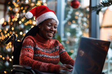 Person with disability uses laptop in wheelchair, suitable for concept of inclusivity and accessibility