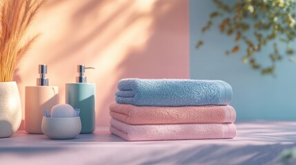Elegant Towel Display in Modern Bathroom Interior with Pastel Background and Cinematic Lighting