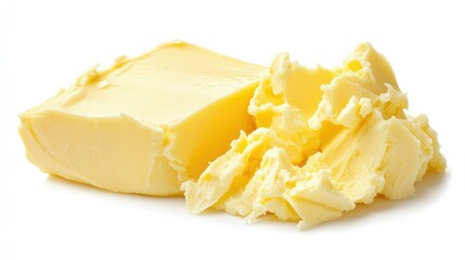 A close-up of a swirl of whipped butter, isolated on a white background, highlighting its creamy texture and fresh appearance.