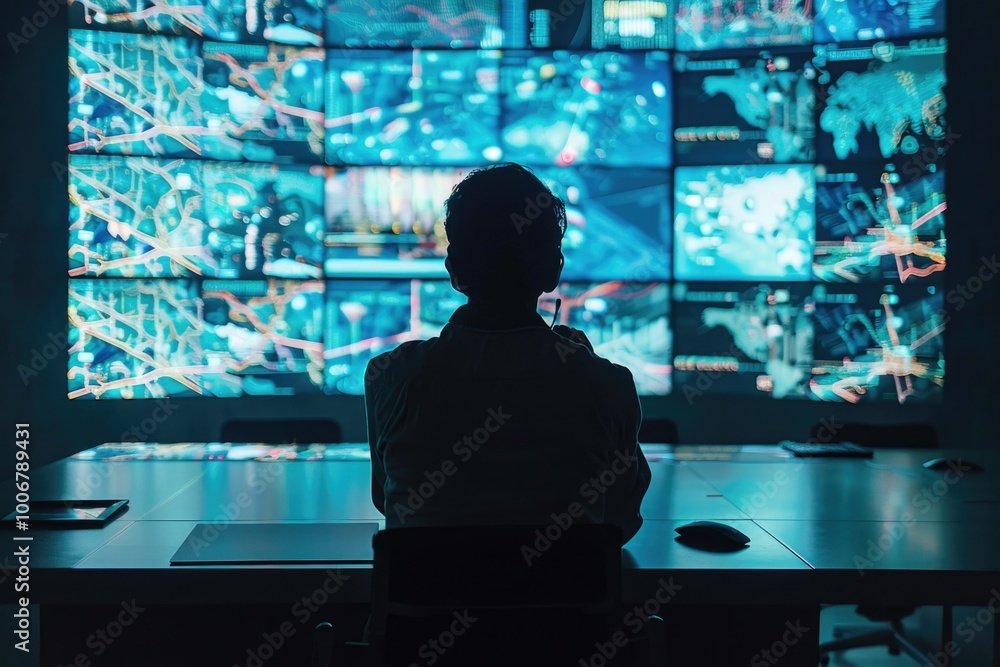 Poster a person sits in front of a large screen, focused on their work
