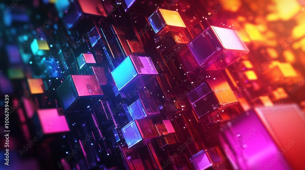 Poster digital composition of neon-lit cubes in a futuristic space, creating a sensation of depth and techn