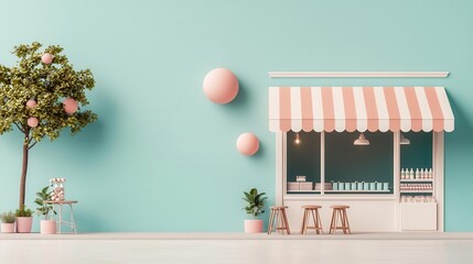 Beachside minimart facade with soft pastel tones, open-air design, and ocean-inspired decor, Minimart, Beachside Convenience