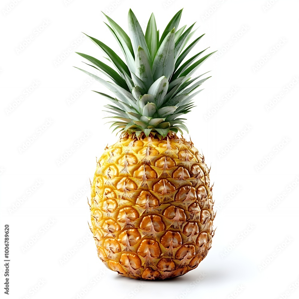 Wall mural A ripe pineapple with green leaves isolated on white background.