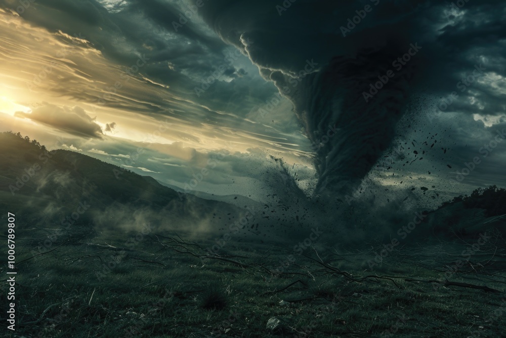 Poster a massive tornado forms and rises from a field, with debris and dust swirling around it