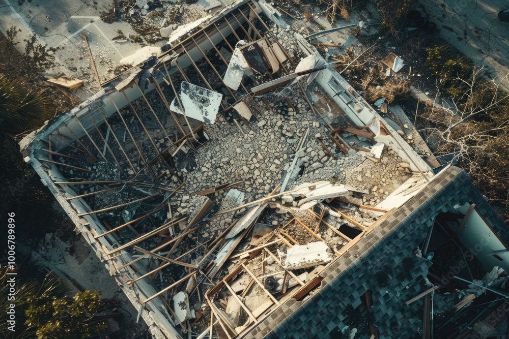 Aufkleber aerial view of a building in ruins, destruction and devastation