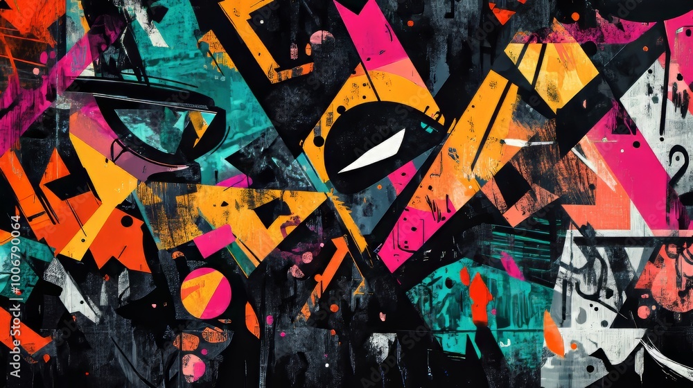 Poster a bold abstract painting featuring sharp geometric shapes and vivid colors in a dynamic and creative