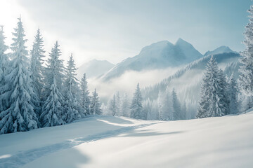 Obraz premium A minimalistic winter background featuring soft hues, snow-covered landscapes, and subtle details that capture the essence of winter's calm
