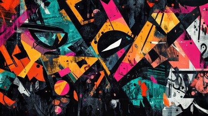 A bold abstract painting featuring sharp geometric shapes and vivid colors in a dynamic and creative composition.