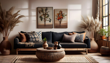 Living Room with Brown Sofa, modern living room with parquet floor and white walls near staircase in daylight 