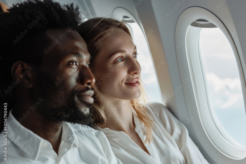Aufkleber a couple enjoying the view from an airplane window