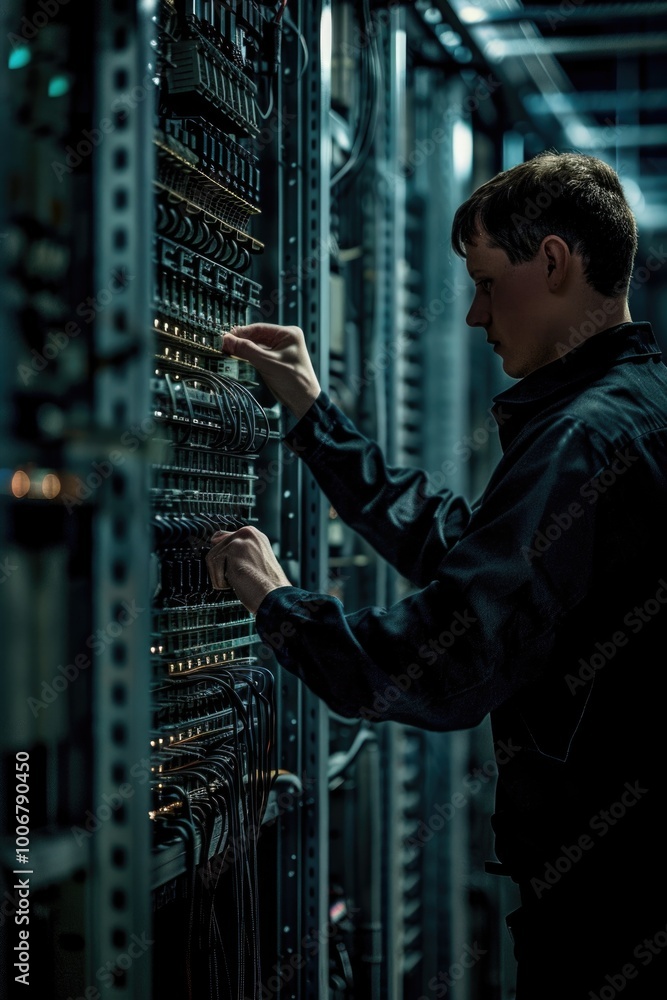 Poster a person typing away at a computer in a dimly lit space