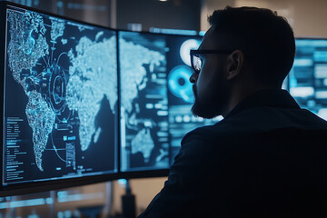 A Cyber Security Specialist Monitors Global Data Flow