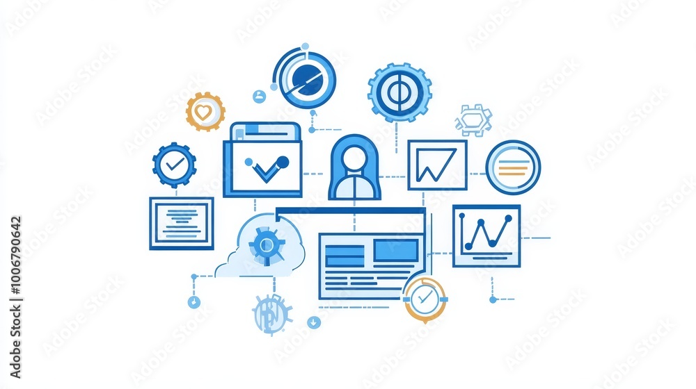 Aufkleber illustration featuring interconnected icons symbolizing various business concepts in a harmonious an