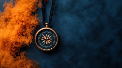 Bronze compass on a dark blue surface with orange smoke, creative travel concept.