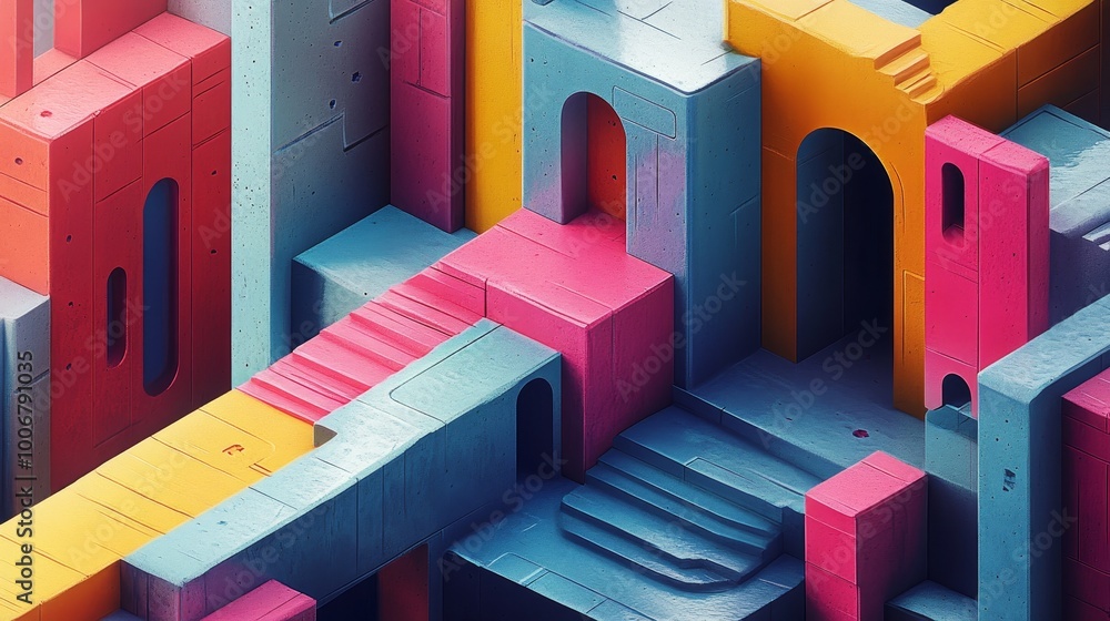 Poster a complex and colorful 3d architectural model showcasing a maze-like design with prominent staircase
