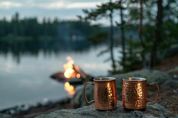Two copper mugs sitting next to a serene lake, perfect for a picnic or camping trip