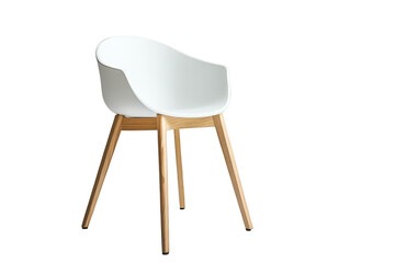 Modern plastic white chair with wooden legs on transparent background