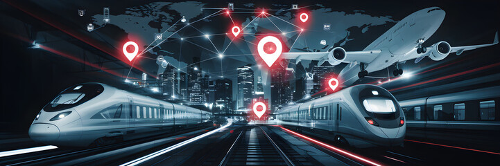 Futuristic High Speed Rail Network Illuminating a Bustling Nighttime Cityscape