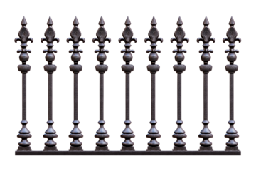 Iron fence panels arranged in a row, isolated on a white background. transparent background