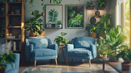 Two blue chairs and a table in a cozy living room setting
