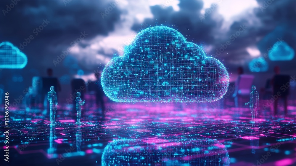 Poster a digital cloud computing concept featuring a glowing cloud structure integrated into a futuristic c