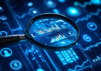 A digital representation of data analysis, featuring a magnifying glass highlighting graphs and blue technological imagery.