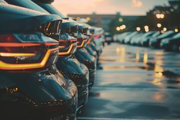 A row of vehicles parked in a typical urban parking lot, suitable for commercial or residential use