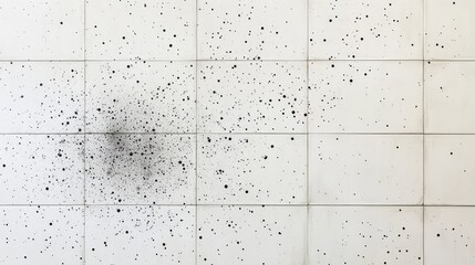 Tiny dots in various shades of gray scattered across a white tile background in a loose, abstract pattern.