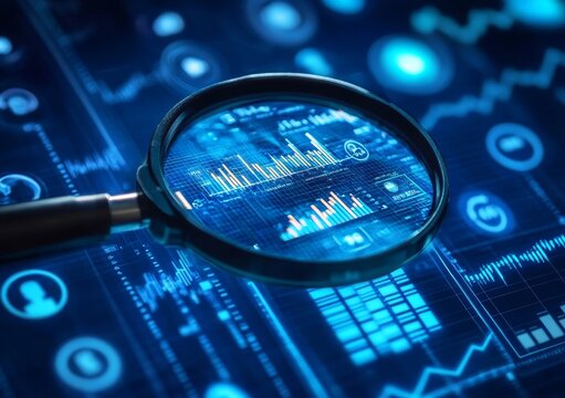 A digital representation of data analysis, featuring a magnifying glass highlighting graphs and blue technological imagery.