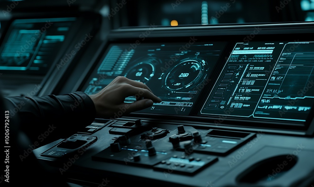 Poster engineer adjusting dial on control panel amidst energy stats