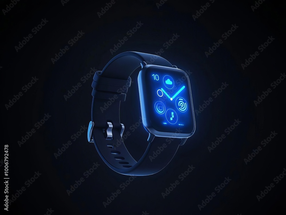 Poster hightech smartwatch 3d rendering with holographic notifications and wearable technology design